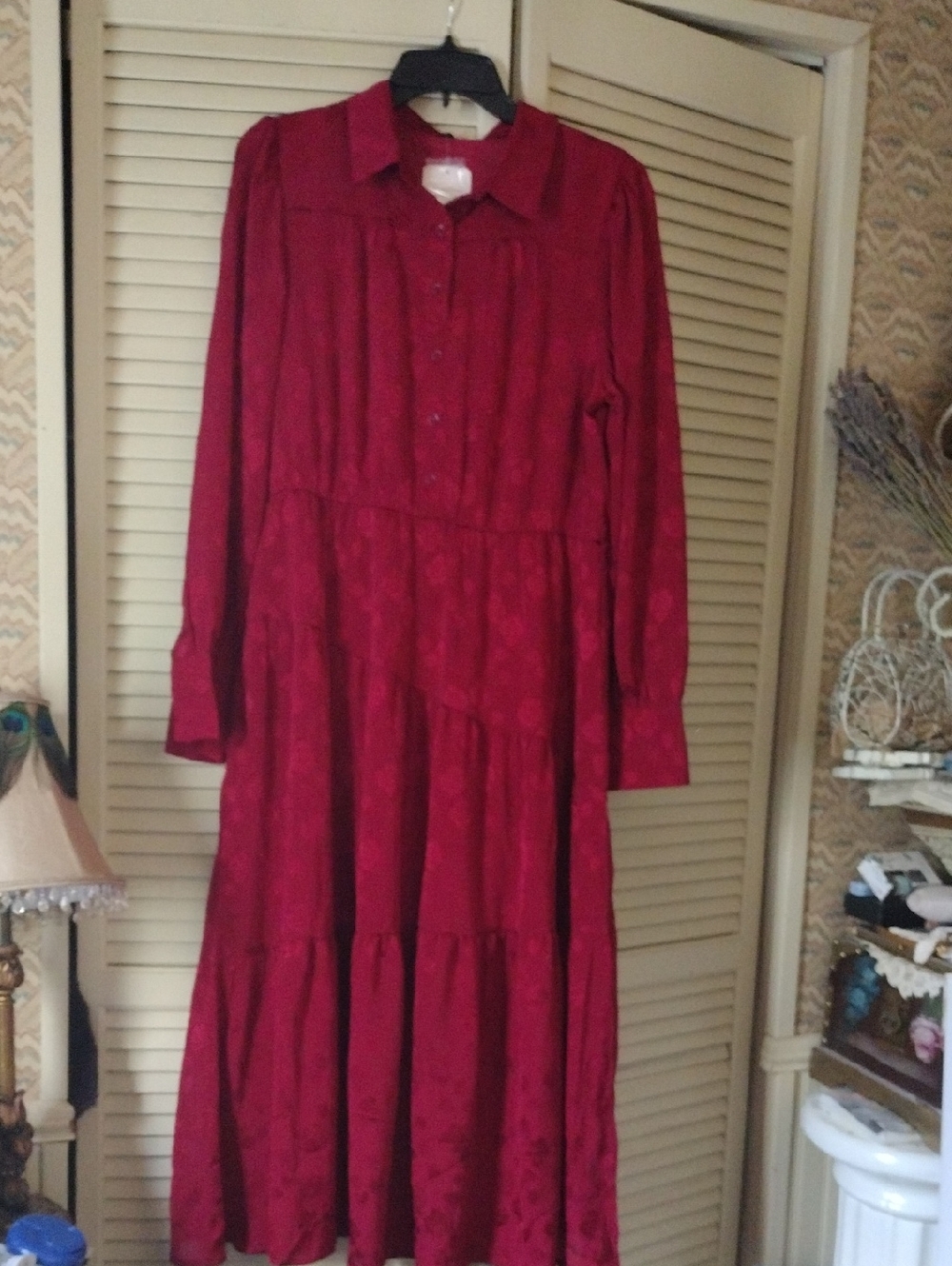 Women's Long Sleeve Maxi Shirt Dress in Deep Red